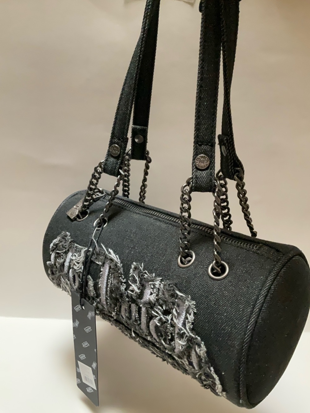 NWT* VON DUTCH LONG BARREL Bag BLACK DISTRESSED DENIM Cylinder Shoulder Bag